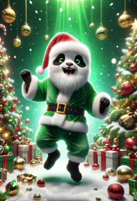 rock band of cute fluffy chibi goth wrestler santa pandas, 4k, fuzzy green santa robe, short chibi santa yelling, santa jumping and punching, bumblebees, Chr457m45m3rg3D0nMN3M1C neon