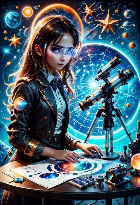 A ciberpunk-style telescope stands on a table in the laboratory,beautiful cute girl looking through a telescope, star map,