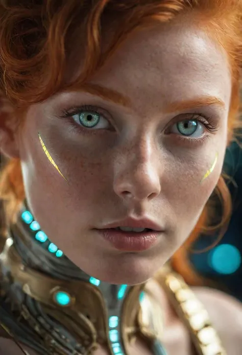 RAW Photograph, closeup of a beautiful ginger woman who lives in a vast galactic empire in a distant future, stunning eyes that pierce your soul, wearing elegant clothing with luminescent detailing, curvy and sexy, colorful, highly detailed skin with visib...