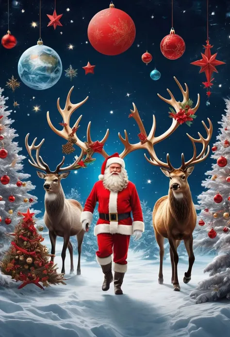 universe, aesthetics of cosmic motifs, art Research, use, symbolism of space, planet in various artistic directions, centered spase ship-reindeer with red Christmas tree, a wild angry deer rushes towards the viewer, there are Christmas decorations on the a...