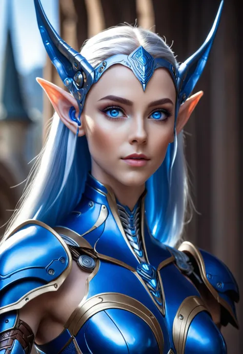 A cinematic photograph of an beautiful epoch elf with cyborg style, (long pointy ears:1.2), blue armor, blue eyes, highly detailed, intricate, cinematic lighting, centered composition, masterpiece, sharp focus, 4k, HDR, <lora:add-detail-xl:1>,  <lora:cybor...