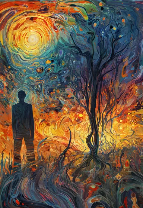 a painting of a man standing in a field with a tree and a sun