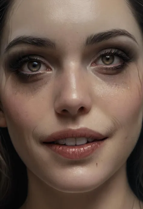 a close up of a woman with a teary face and a black background