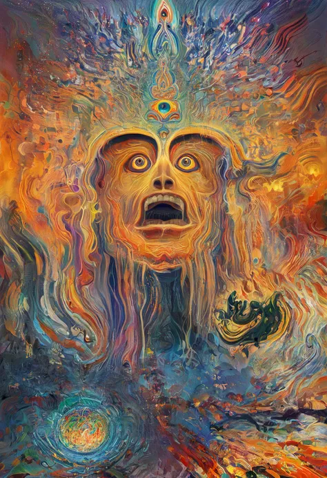 a painting of a man with a face and a face of fire