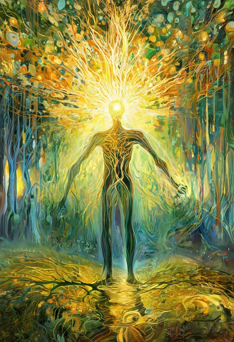 a painting of a man standing in a forest with a sun shining over his head