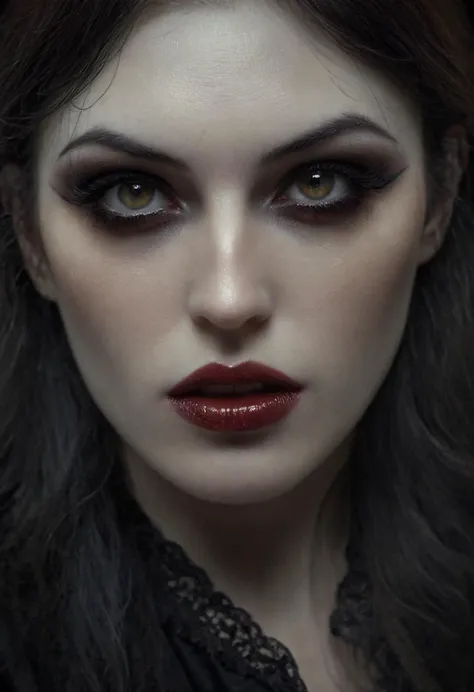 a close up of a woman with dark makeup and a black dress