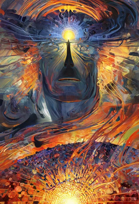 Edvard Munch style oil painting, psychedelic art (drdjns style), a man has become obsessed with the sun, now photonic energy is revealed to reside in all things, 8k, hdr, masterpiece