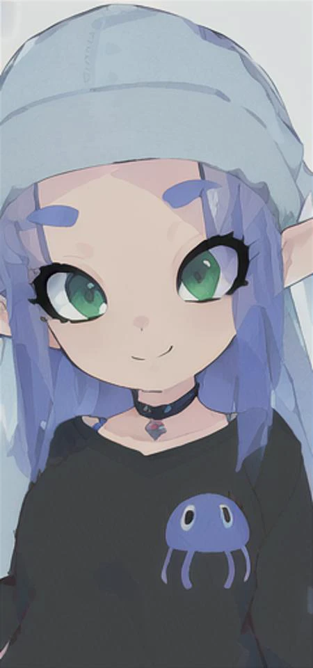 anime girl with blue hair and green eyes wearing a black shirt