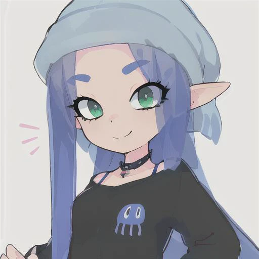 a close up of a cartoon girl with blue hair and a black shirt