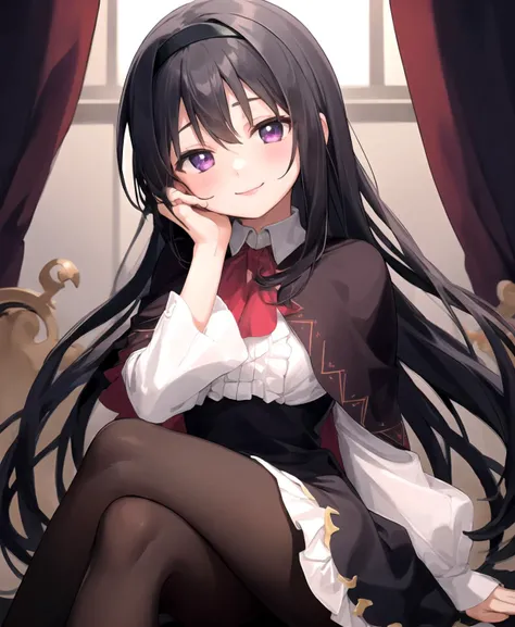 masterpiece, best quality, 1girl,
<lora:char_walpurgis_no_kaiten_homura_lora:1.2> ,char_walpurgis_no_kaiten_homura_lora
long hair, black hair, long sleeves, very long hair, purple eyes, hairband, black dress, collared dress,
1girl, solo, blush, looking at ...