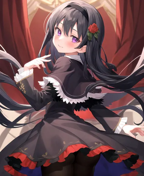 masterpiece, best quality, 1girl,
<lora:char_walpurgis_no_kaiten_homura_lora:1.2> ,char_walpurgis_no_kaiten_homura_lora
long hair, black hair, long sleeves, very long hair, purple eyes, hairband, black dress, collared dress,
1girl, solo, blush, looking at ...