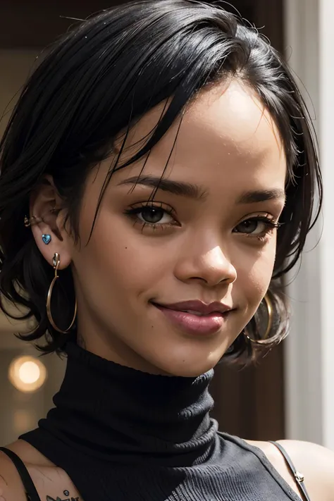 rihanna, short black hair, hazel eyes, dark skin, earrings, wearing a turtleneck,smiling, happy, indoors,close up portrait, extreme detail, hdr, realistic quality, analog,  <lora:lora-small-rihanna-v1:.8>