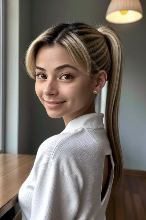 a woman with a ponytail and a white shirt is smiling