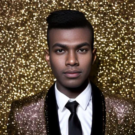 araffe man in a suit and tie standing in front of a gold glitter background