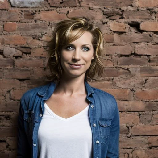 arafed woman in a white shirt and blue shirt standing in front of a brick wall