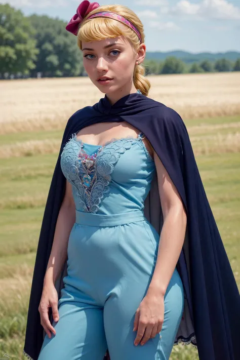 a close up of a woman in a blue dress and cape