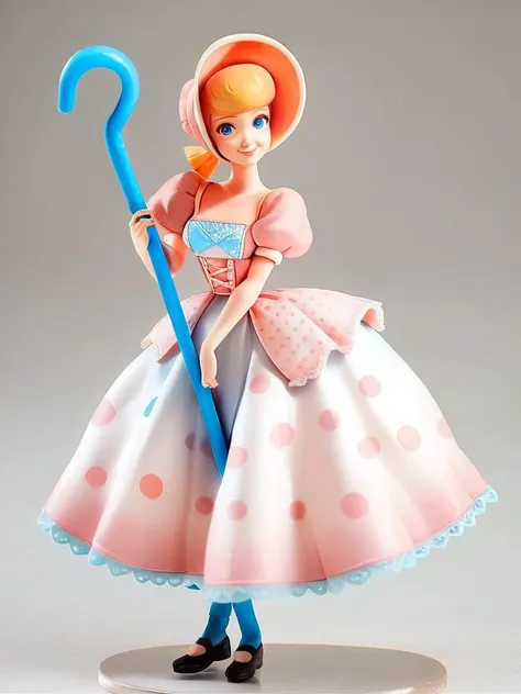 a close up of a doll with a blue stick and a dress