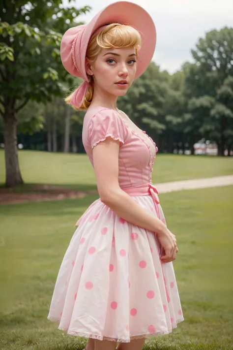 a close up of a woman in a pink dress and hat