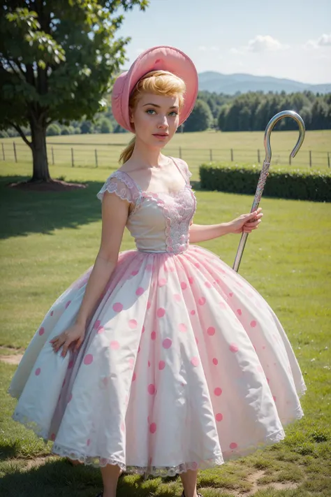 a woman in a pink hat and dress holding a cane