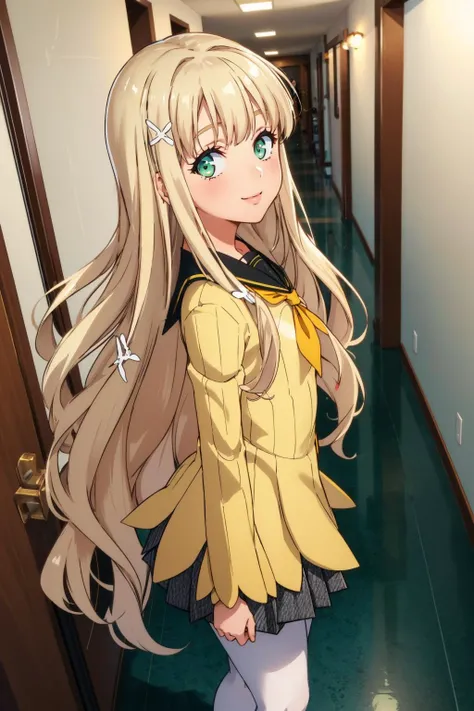 masterpiece, best quality, <lora:zs_Rei:1> reipq, very long hair, blonde hair, hair ornament, green eyes, yellow uniform, grey skirt, white pantyhose, hallway, school, looking at viewer, from side, smile, from above