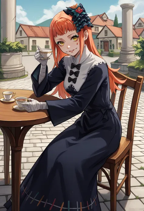 a woman sitting at a table with a cup of coffee