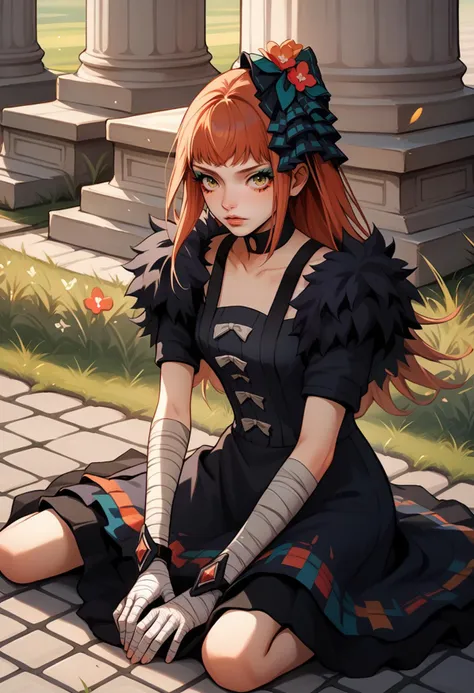 anime girl sitting on the ground with a flower in her hair