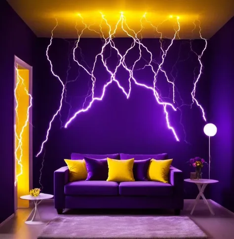 a purple couch sitting in a living room under a lightning storm