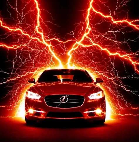 a red car with lightning coming out of it's headlights