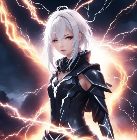 a woman in a black outfit standing in front of lightning