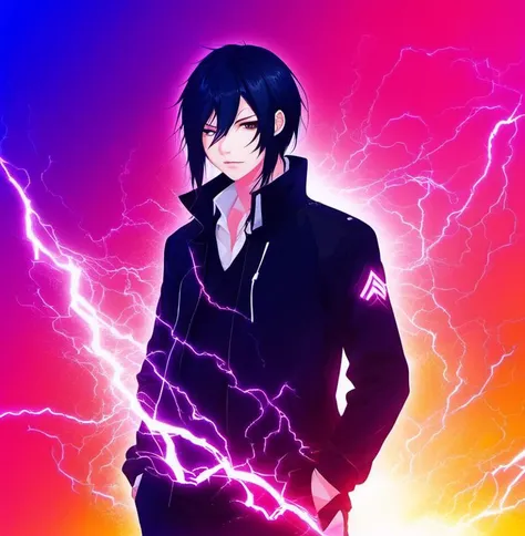 a man in a black jacket and lightning on a red and purple background