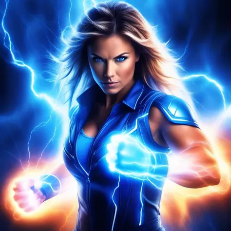 a woman in a blue outfit holding a lightning ball