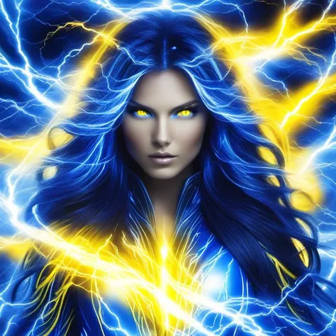 a woman with blue hair and lightning in her hair