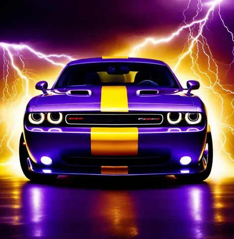 a purple and yellow car with lightning in the background