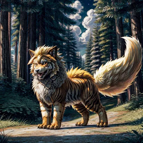 (((Arcanine, Pokmon, Animal,))), solo, single, Tiger, wolf, orange fur, fluffy, cuddly,   <lora:Arcanine - Pokmon:1>
(masterpiece, sidelighting, finely detailed, beautiful),  <lora:add_detail:1> <lora:hairdetailer:0.2>
In forest,