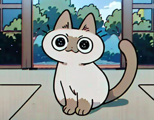 anime cat sitting on the floor looking at the camera