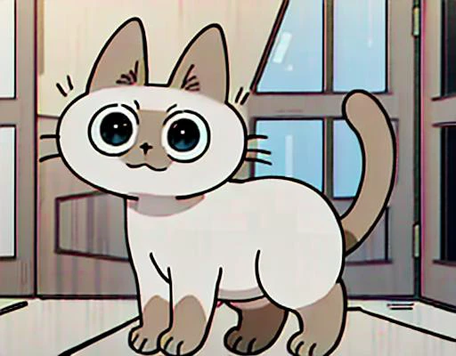 cartoon cat standing in front of a window with a cat on the floor