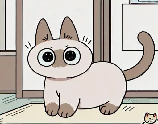 cartoon cat with big eyes and a catnip in front of a door