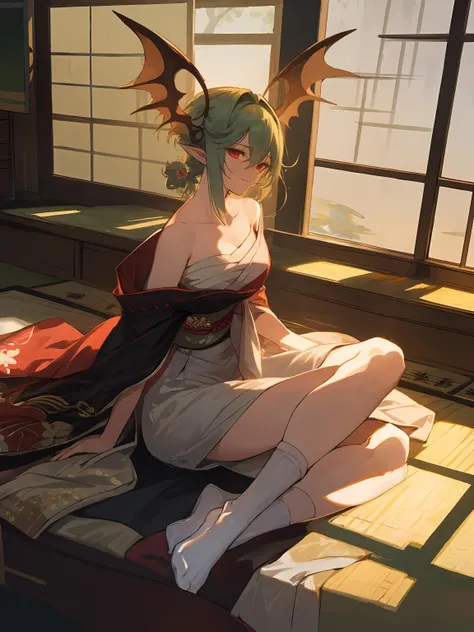 anime - style woman sitting on a bed with a dragon headpiece