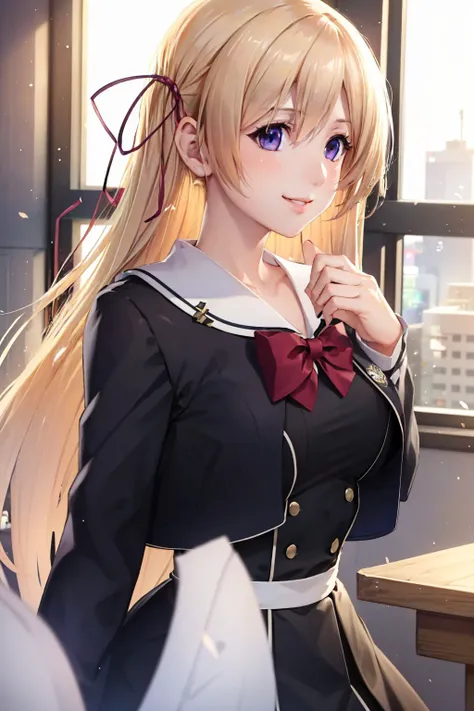 (masterpiece, best quality:1.2), upper body, solo, 1girl, kurusu nono, smile, looking at viewer, hair ribbon, school uniform, black dress, bow <lora:chaoschild_kurusu:1.0>