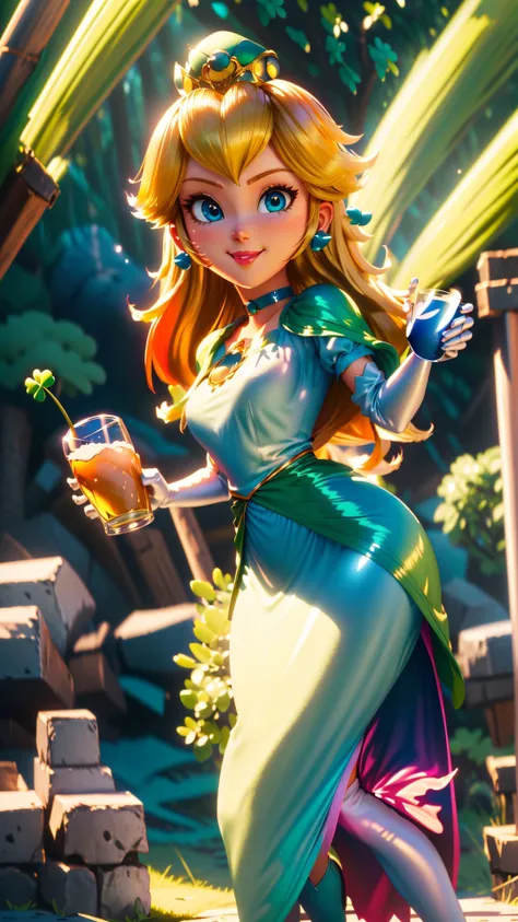 a woman in a green dress holding a glass of beer