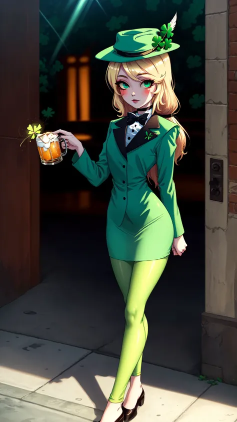 a close up of a woman in a green suit and hat holding a drink