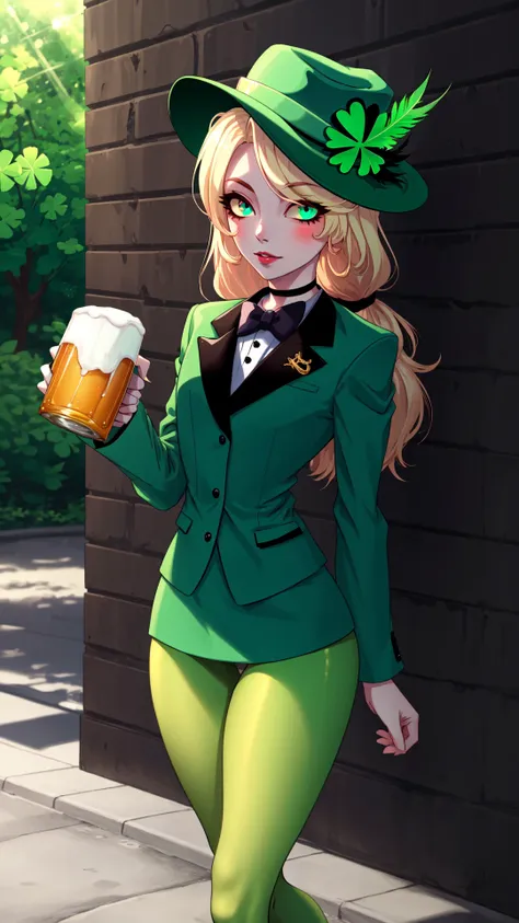 a close up of a woman in a green suit and hat holding a beer