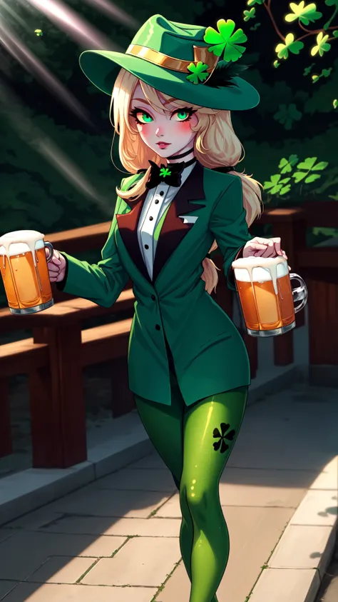 a close up of a person in a green suit and hat holding two beer glasses