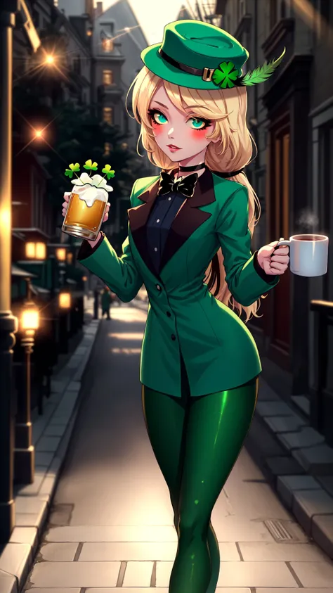 a woman in a green suit and hat holding a cup of coffee