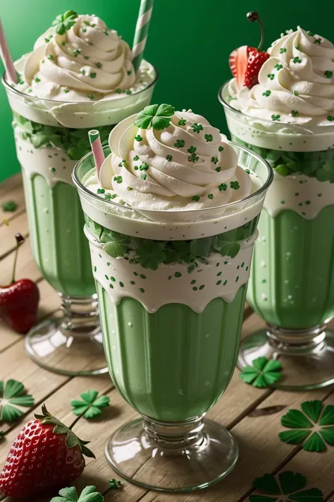 three glasses of green drink with whipped cream and strawberries