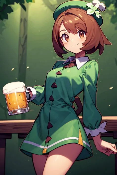 a woman in a green dress holding a beer in her hand