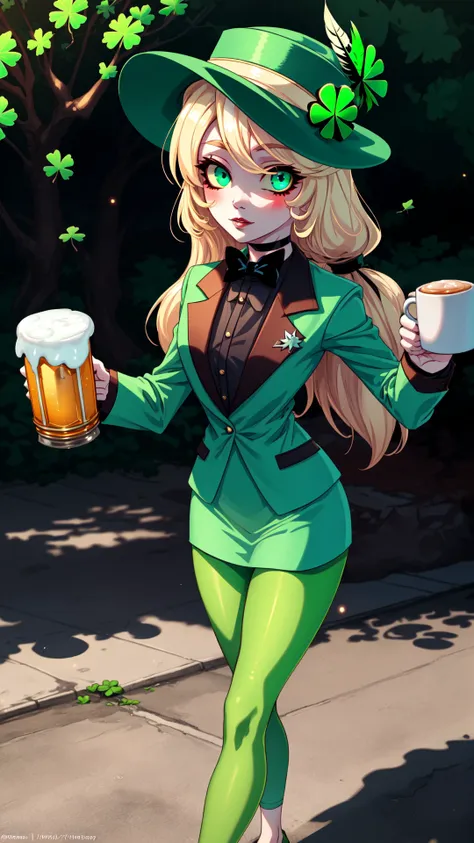 a woman in a green outfit holding a mug of beer