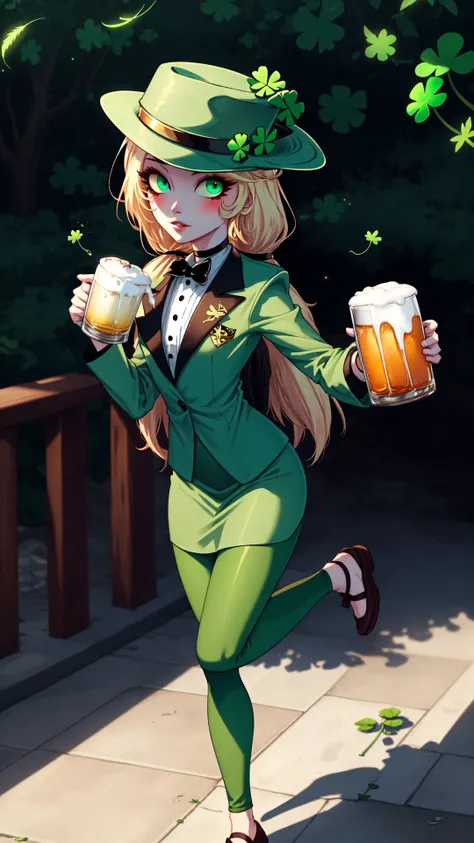 a woman in a green suit and hat holding a beer