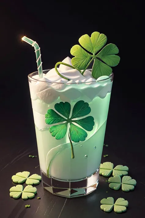 a close up of a glass of water with a straw and a shamrock leaf