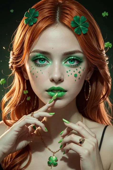 ((masterpiece, best quality)),  <lora:ShamrockWorld-10:0.8>, ShamrockWorld,  clover, four-leaf clover, light particles,  1girl, solo, long hair, looking at viewer, jewelry, green eyes, orange hair, fingernails, makeup, ring, lipstick, portrait, eyeshadow, ...